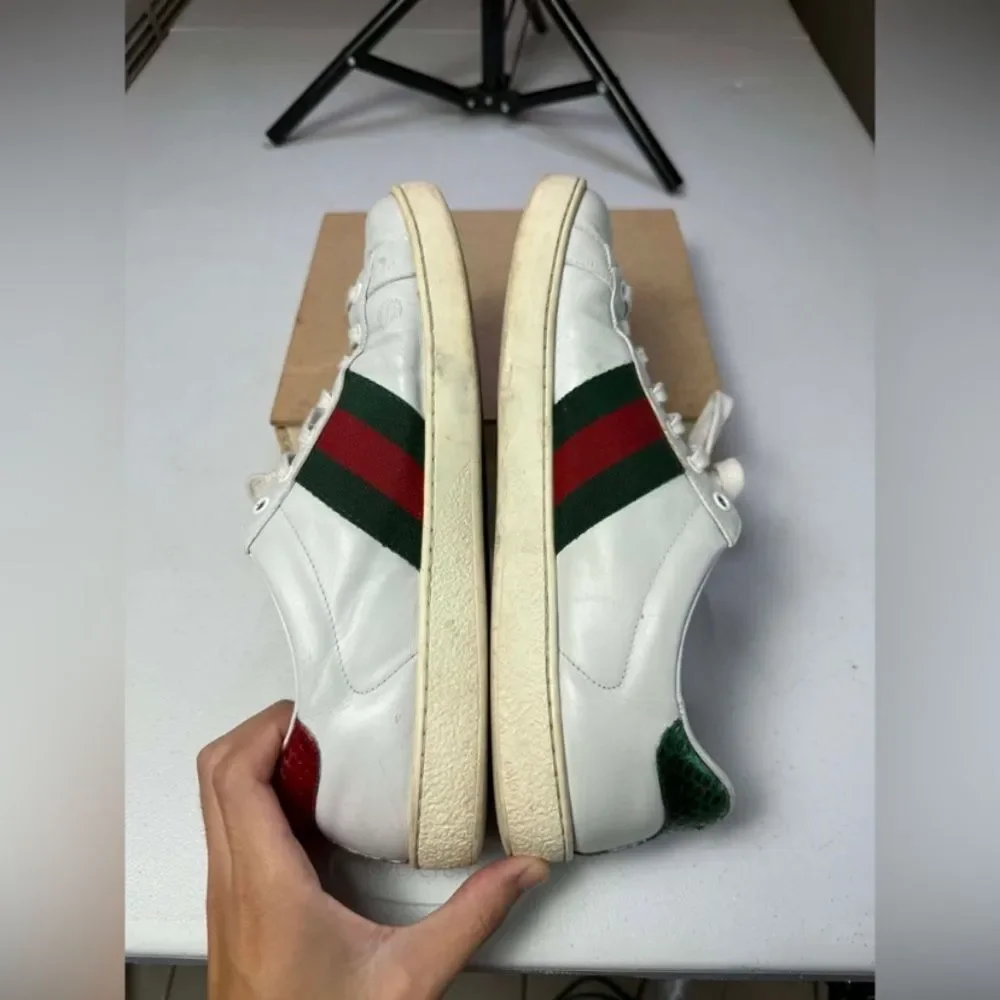 Mens Gucci Ace Embroidered Low Top Sneaker White Leather Snake Size 8 Used